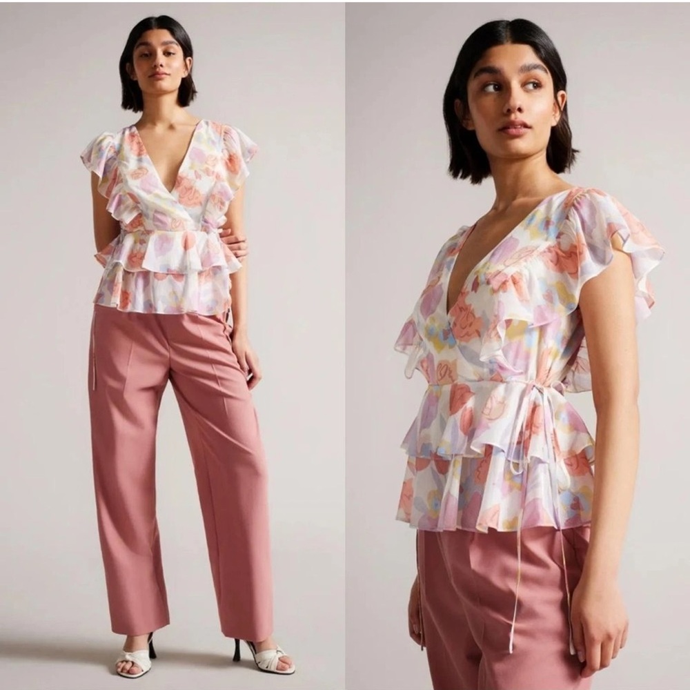 Ted Baker Multicolor Floral Ruffle Blouse SZ 5